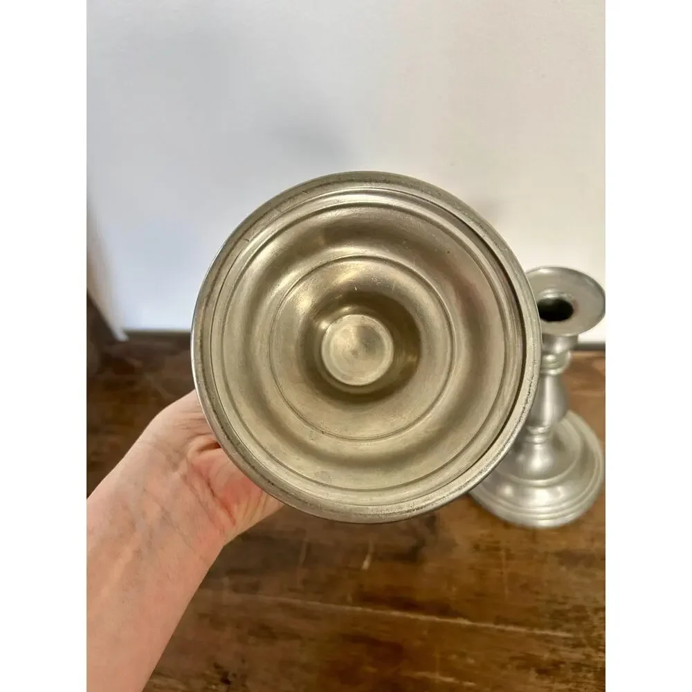 Vintage Pair of Pewter Candlesticks | Cottagecore Colonial Silver Candleholders